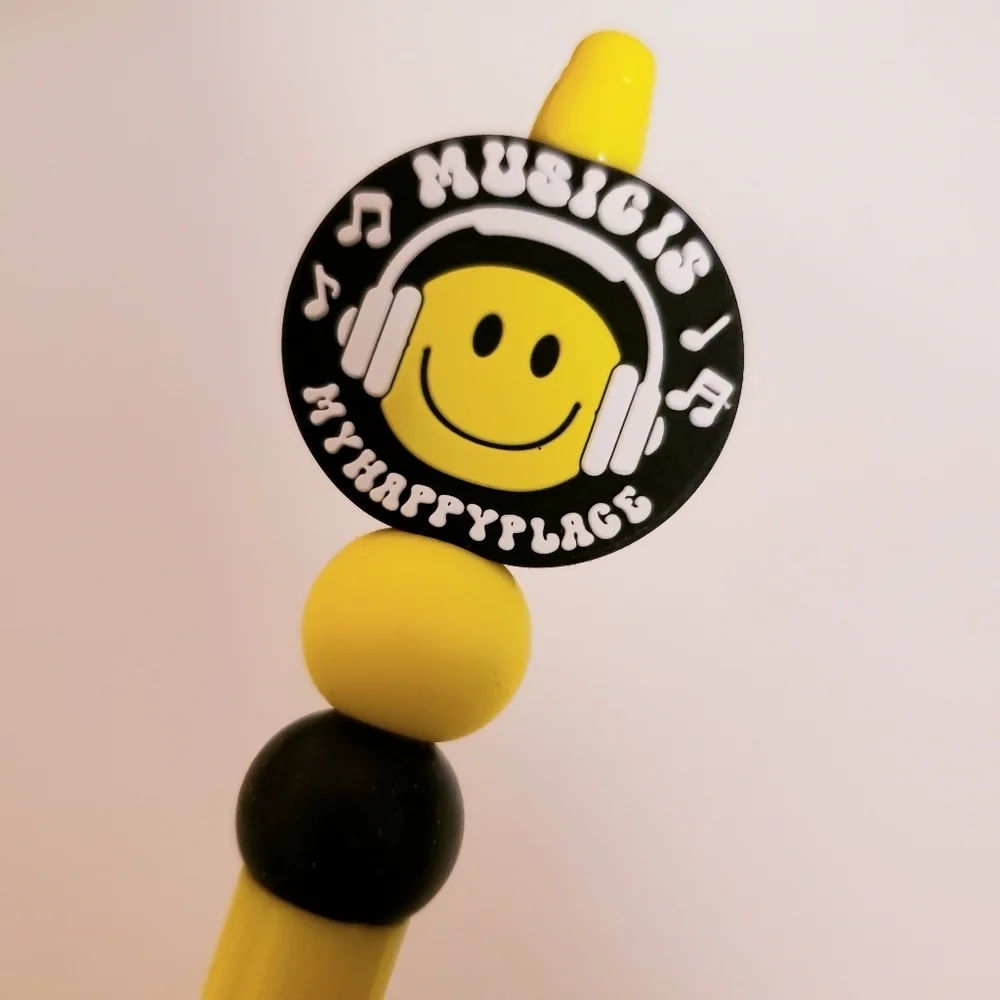 Handmade Silicone Focal Beaded Smiley Face Music is My Happy Place Pen